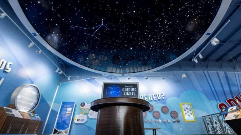 Visitors to the “Above the clouds” section of the museum can light up various constellations to see how they helped Earhart and her navigator cross the night sky.