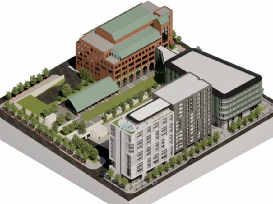 An aerial view of a proposed mixed-use project southwest of 12th Street and Broadway next to the existing Kansas City Southern headquarters.