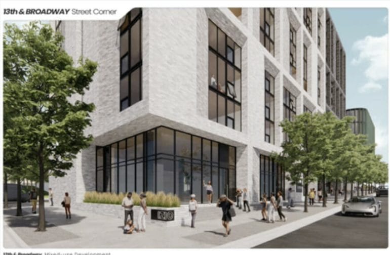 Rendering of how project could look from 13th and Broadway.