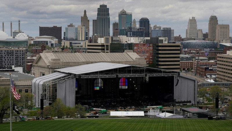 Work continued on the main stage for the NFL Draft Saturday, April 22, 2023, at Union Station.