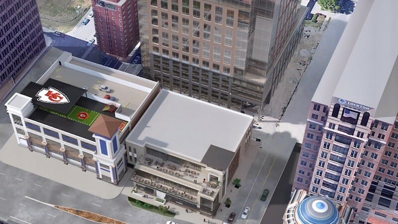 An aerial view of Cocina47 next to the Jack Henry building.