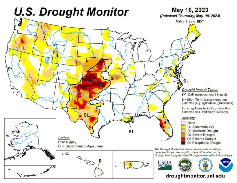 U.S. drought map as of May 16, 2023.