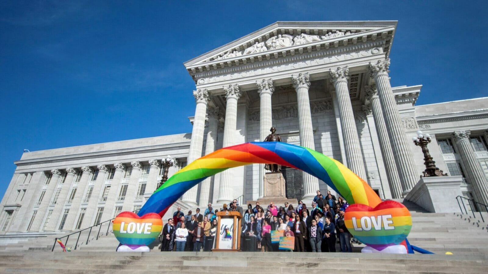 LGBTQ advocates speak at a rally on the steps of the Missouri Capitol on Feb. 7, 2023.