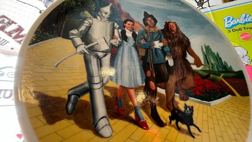 A decorative Wizard of Oz plate waits for a buyer inside an antique store in the western Kansas town of Wallace.