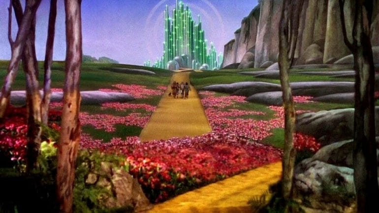 This shot from the 1939 film shows the vibrant technicolor world of Oz.