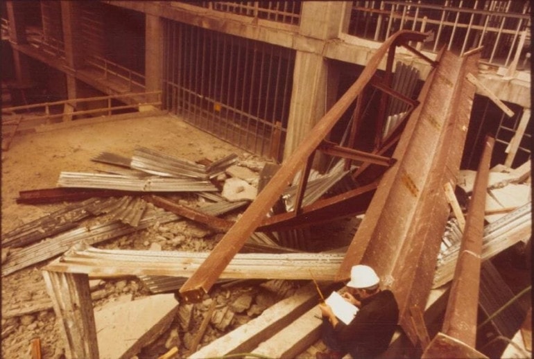 A collapsed portion of the Hyatt's roof in 1979.