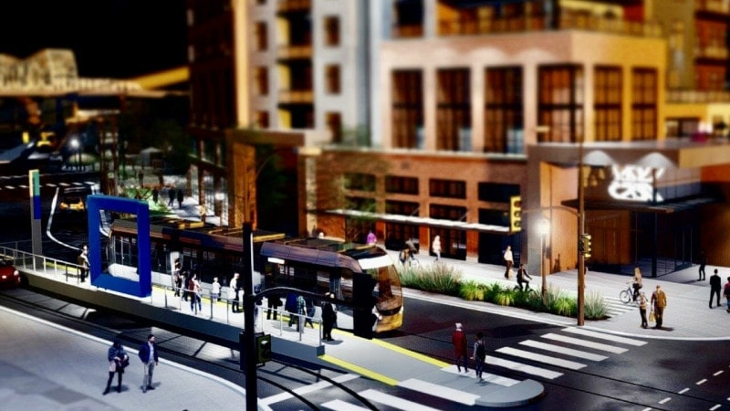 A rendering of a planned KC Streetcar station at Third Street and Grand Boulevard in the River Market.