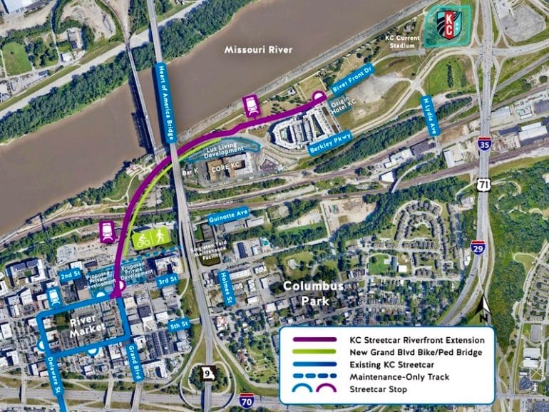 An aerial map showing the route of the KC Streetcar extension to Berkley Riverfront Park.