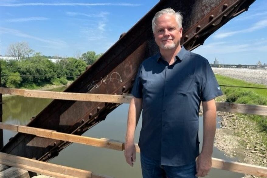 Developer Mike Zeller on the Rock Island Bridge in the West Bottoms.