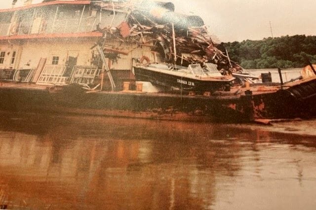 Wreckage of the William S. Mitchell river dredge during the flood of 1993.