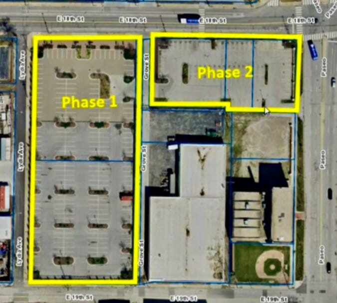 An aerial map of the southwest corner of 18th Street and the Paseo.