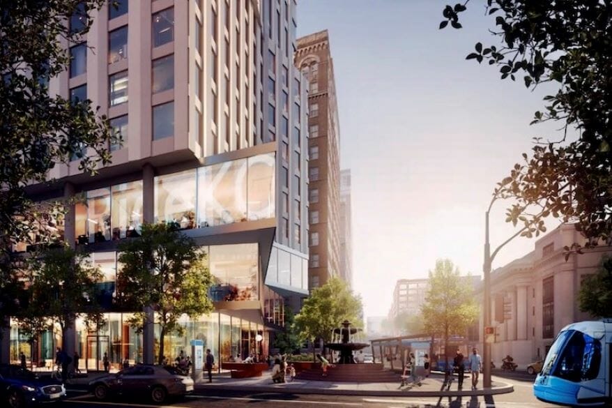 Rendering of the lower floors of the proposed 20-story tower at 10th and Mains streets.