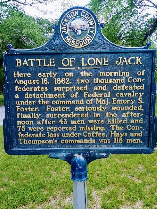 Confederate troops whipped Union soldiers in the 1862 Battle of Lone Jack, commemorated on this sign in town.