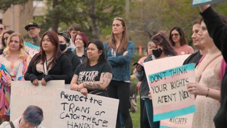 Kansas Citians protesting anti-transgender legislation in Missouri and Kansas.