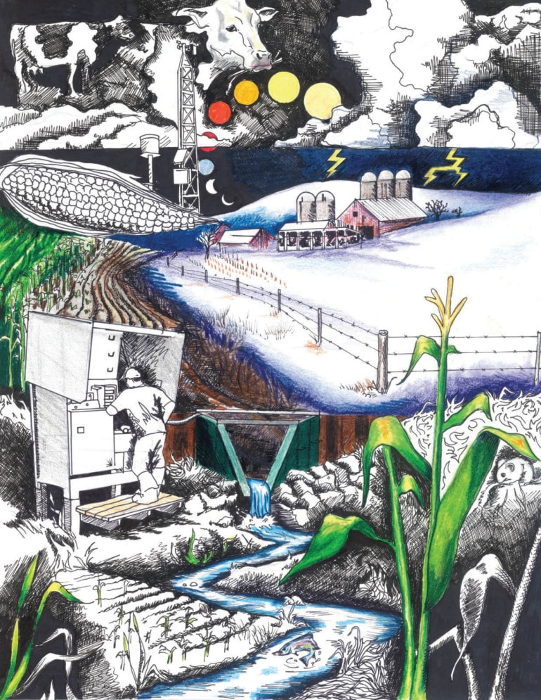 a colored pencil drawing shows a cow up top with the moon phases, a farm with corn and a stream at the bottom of the photo, showing how the water moves from the clouds through the farm and into the waterway. 