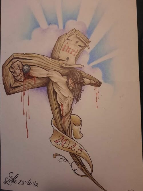 A painting of Christ on the cross by Michael Tisius.