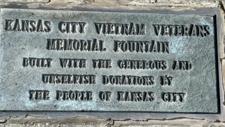 A plaque at the Vietnam Veterans Memorial Fountain honors the generosity of Kansas Citians.