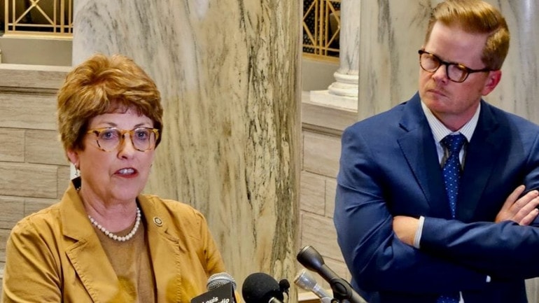 Missouri Senate Majority Leader Cindy O’Laughlin, R-Shelbina, speaks at a news conference after the end of the 2023 legislative session with President Pro Tem Caleb Rowden, R-Columbia.