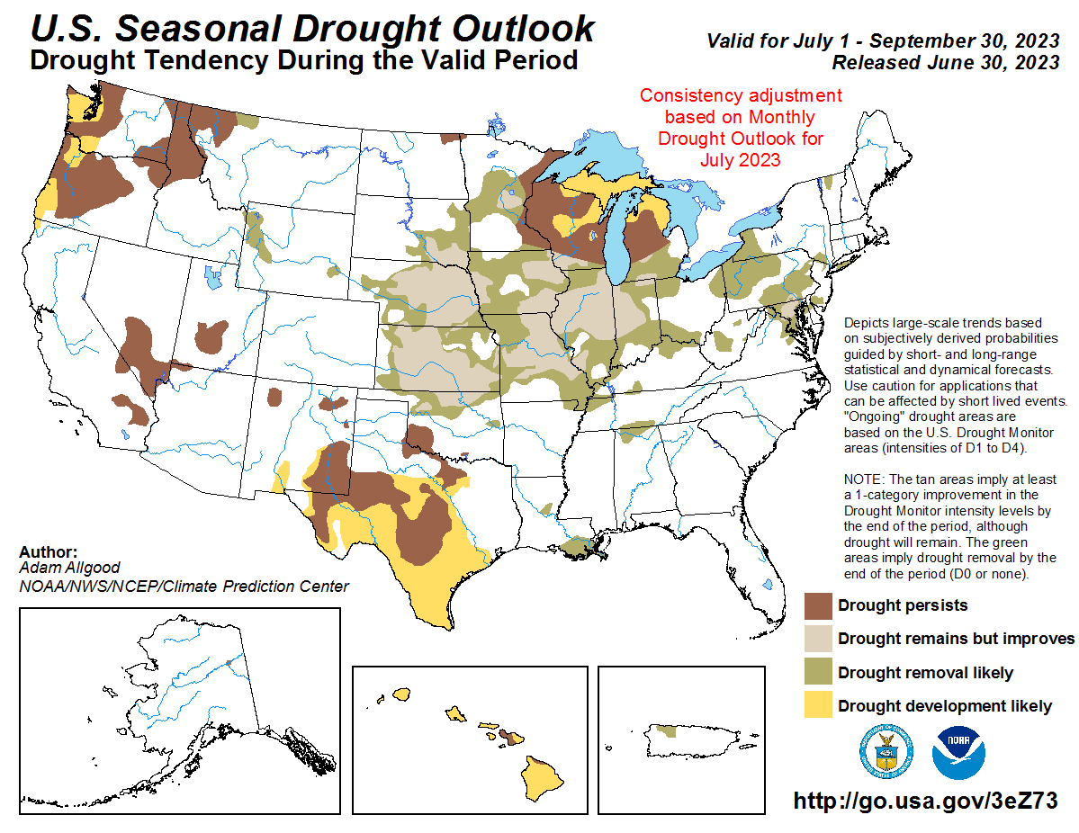 A map of the United States shows blobs of colors related to drought outlook through the summer from July thru September. Missouri and Kansas are almost entirely covered in tan with green at the edges. The tan color means "drought remains but improves" green means "drought removal likely"