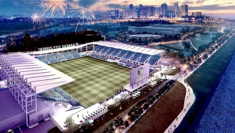 Rendering of the KC Current stadium with the downtown skyline in the background.