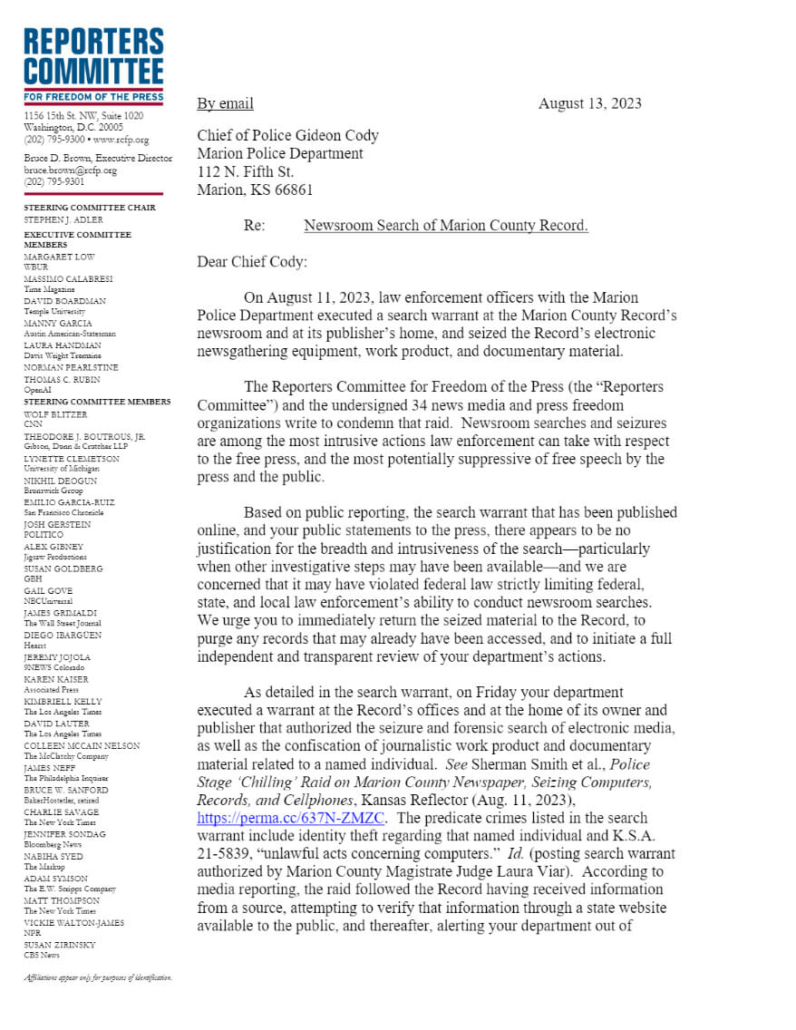 Letter from the Reporters Committee for Freedom of the Press.