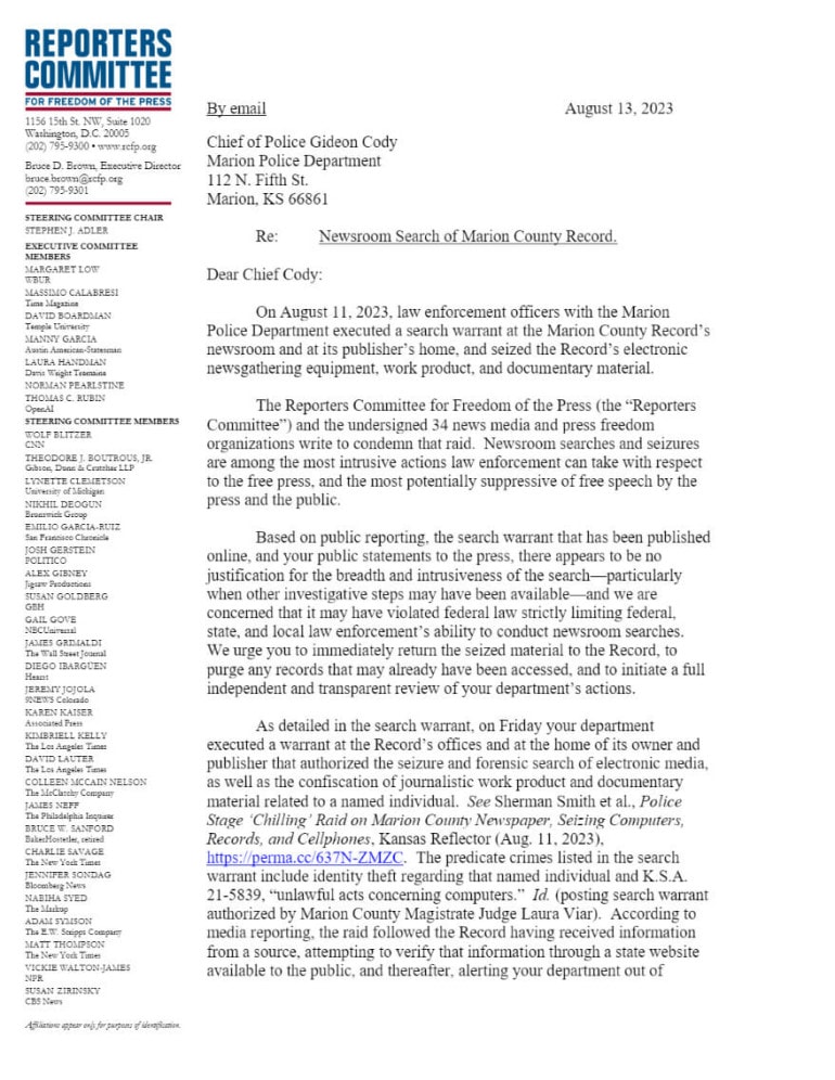 Letter from the Reporters Committee for Freedom of the Press.