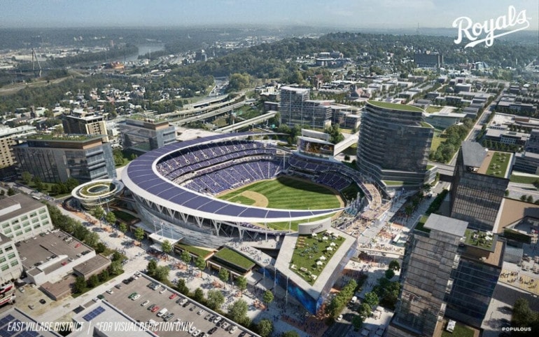An aerial view of a possible Royals ballpark in downtown Kansas City.