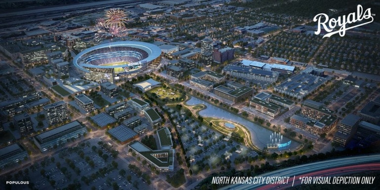 An aerial view of a possible ballpark village in North Kansas City.