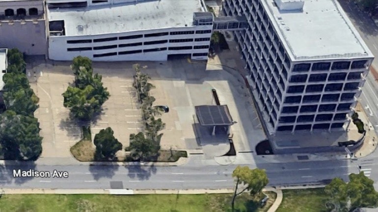 Aerial view of the parking lot where the 4627 Madison apartment complex would be built near the Country Club Plaza.