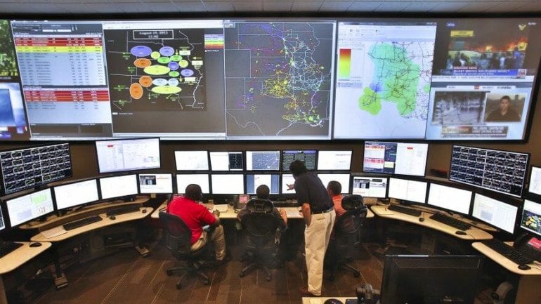 The Southwest Power Pool coordination center has an interactive electronic map on the wall of the region it serves.