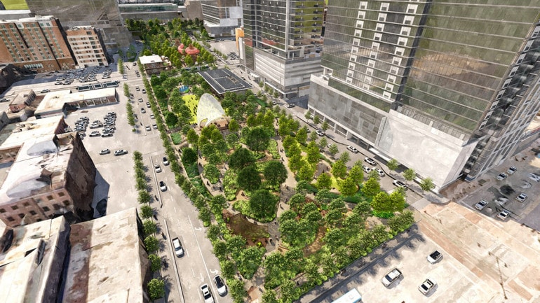 A rendering of the new option for a South Loop Link park that calls for a 'double superblock' that would close Walnut and Baltimore.