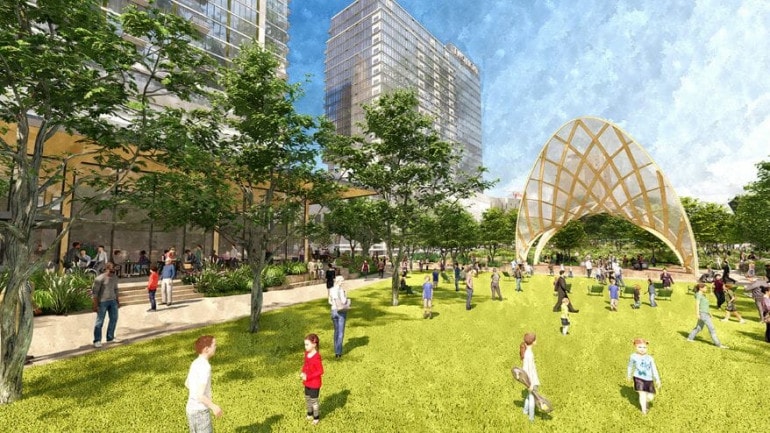 The proposed South Loop Link park would include a pavilion and event lawn that could seat 5,000 people. (Rendering by OJB)
