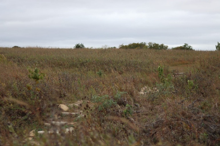 A prairie set against a cloudy horizon. A stone path disappears and reappears with the swells of three little hills.