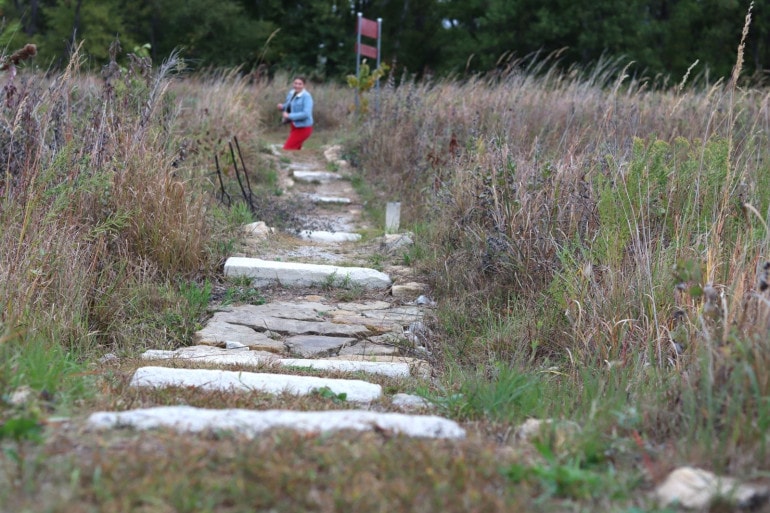 A woman stands in a rut, far off from the camera which looks over a prairie and stone path.