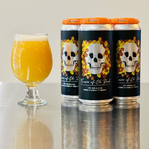 BKS Artisan Ales' Flower of the Dead in a glass and three cans.
