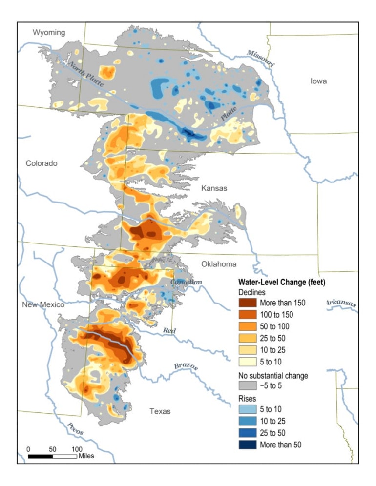 A map showing the change in water levels in the Ogallala Aquifer.
