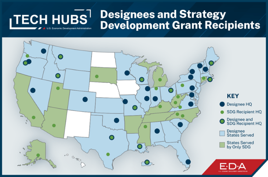 Map of Tech Hubs across the United States and Puerto Rico.