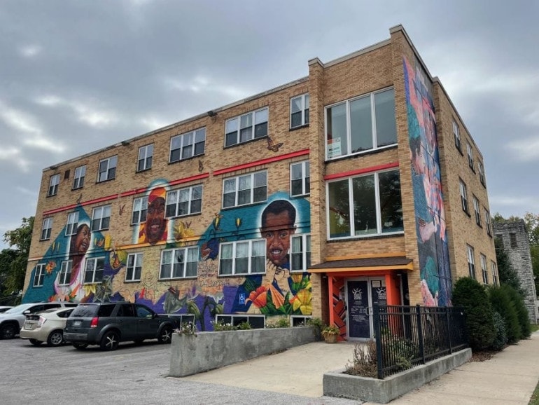 Mattie Rhodes has two locations, on the Westside and this building in the Northeast, decorated with colorful murals.