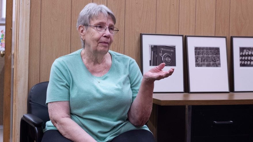 Marion Councilwoman Ruth Herbel waits Aug. 11, 2023, in the Marion County Record office following the raid on the newsroom and her home. Herbel was the only city council member who opposed Kari Newell’s request for a liquor license.