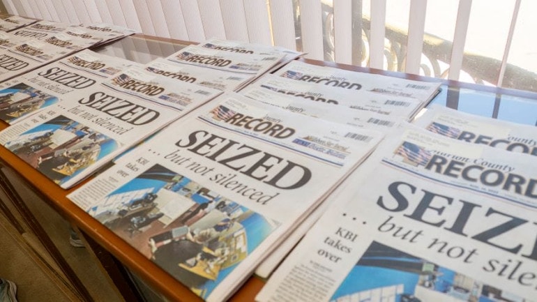 Copies of the Aug. 16 Marion County Record rest on a countertop at the newspaper office.
