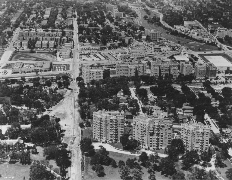 An aerial view of the Country Club Plaza looking north from above Wornall Road in 1930.