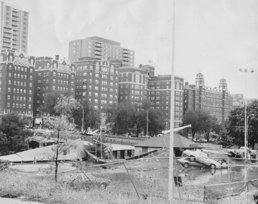 Looking southwest from Brush Creek at Main Street after the September 12, 1977, flood.