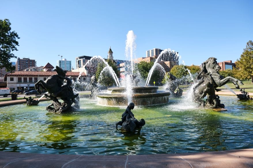 J.C. Nichols' name was removed from the fountain that once bore his name. Mill Creek Park has been a popular gathering spot for protests for decades.