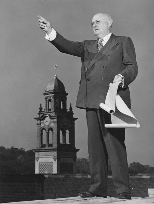 J.C. Nichols stands outside his penthouse office on the Country Club Plaza in 1949, a year before he died.