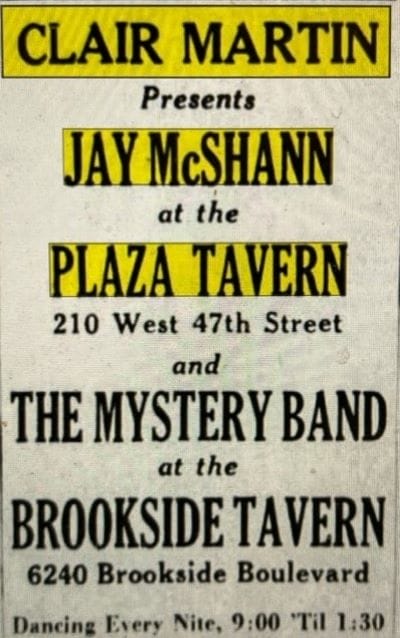 Despite Kansas City’s rigid segregation practices of the 1930s, the operator of the Plaza Tavern in the Triangle Building booked jazz pianist Jay McShann in 1939.