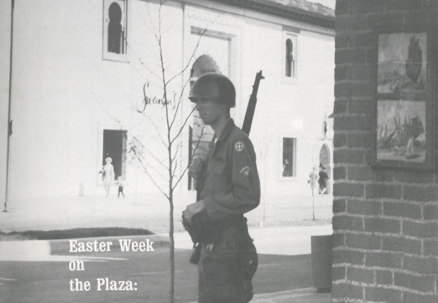 An armed member of the National Guard patrols the Country Club Plaza in 1968.