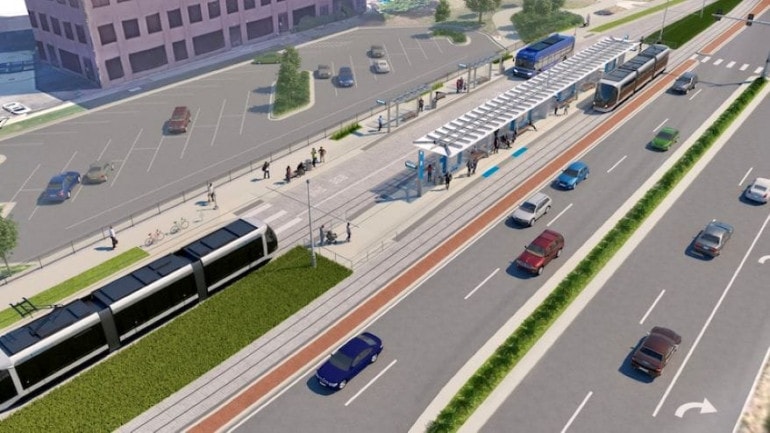 Aerial rendering of the planned streetcar stop near the Country Club Plaza.