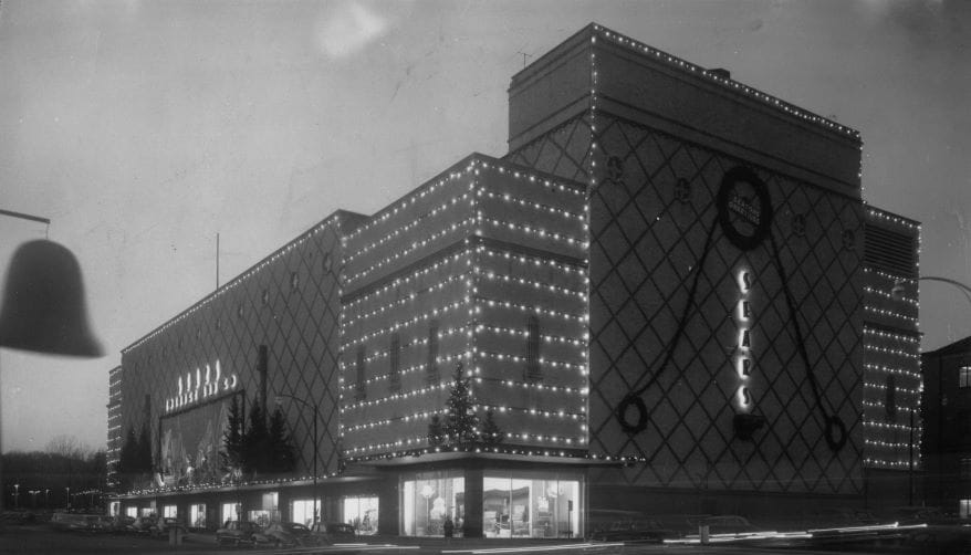 Sears, Roebuck and Company store adorned with Christmas lights as part of the holiday festivities on the Country Club Plaza.