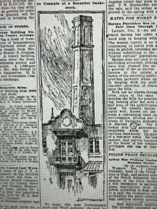 In 1920 a reporter noticed a visually pleasing smokestack near Brush Creek. It was the first glimpse of the Country Club Plaza’s Spanish architectural theme that would appear in 1923.