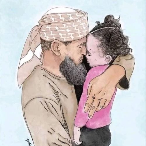 This drawing of Khaled Nabhan gently holding his beloved 3-year-old granddaughter Reem has been shared around the world since the little girl's death as she slept, attributed to airstrikes near the family home in southern Gaza.